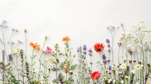 Beautiful wildflowers on white paper background,generative ai