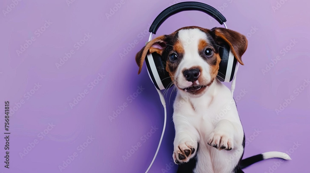 Happy puppy in headphones on a purple background