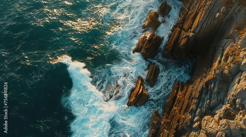 Spectacular drone photo, top view of seascape ocean wave crashing rocky cliff with sunset at the horizon as background. Beautiful coastal scenic landscape with turquoise water beating rocky boulder photo