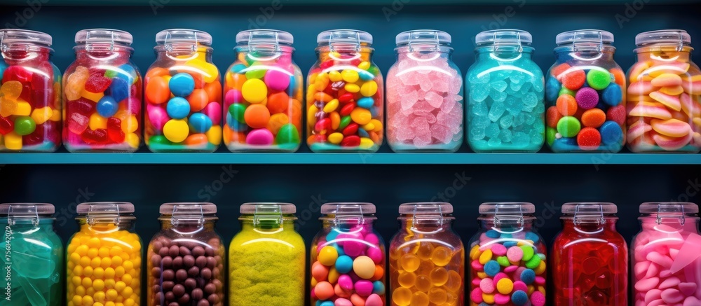 A variety of candies stored in food storage containers, displayed in rows of jars on a shelf. Different colors like blue and yellow are seen