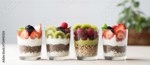 A row of glasses filled with a delicious yogurt and fruit parfait displayed on a table, a beautiful and appetizing food art