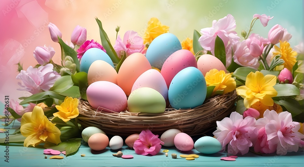 Free illustration of a pleasant Easter day theme with a lovely bunny rabbit nestled inside vibrant eggs.a still life including flowers and eggs Pastel-colored Easter eggs with lovely flowers Free illustration of a pleasant Easter day theme with a lovely bunny rabbit nestled inside vibrant eggs.a still life including flowers and eggs Pastel-colored Easter eggs with lovely flowers