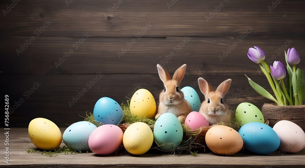 A rabbit surrounded by flowers and Easter eggs is shown in this drawing for a Happy Easter greeting card. Ideal for material with an Easter theme, pastel-colored eggs and the Easter bunny