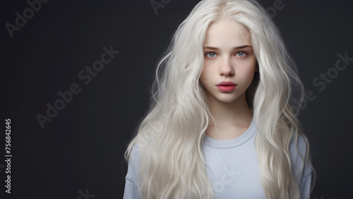 A studio portrait of a young platinum blond teen posing in front of a black backdrop.