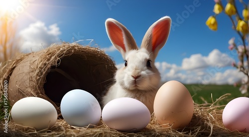 A rabbit surrounded by flowers and Easter eggs is shown in this drawing for a Happy Easter greeting card. Ideal for material with an Easter theme, pastel-colored eggs and the Easter bunny