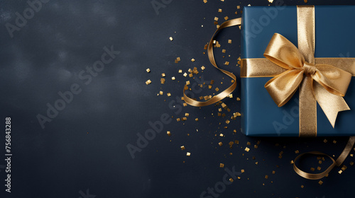 Top view of dark blue gift box on dark background, Valentine's Day surprise gift box concept illustration