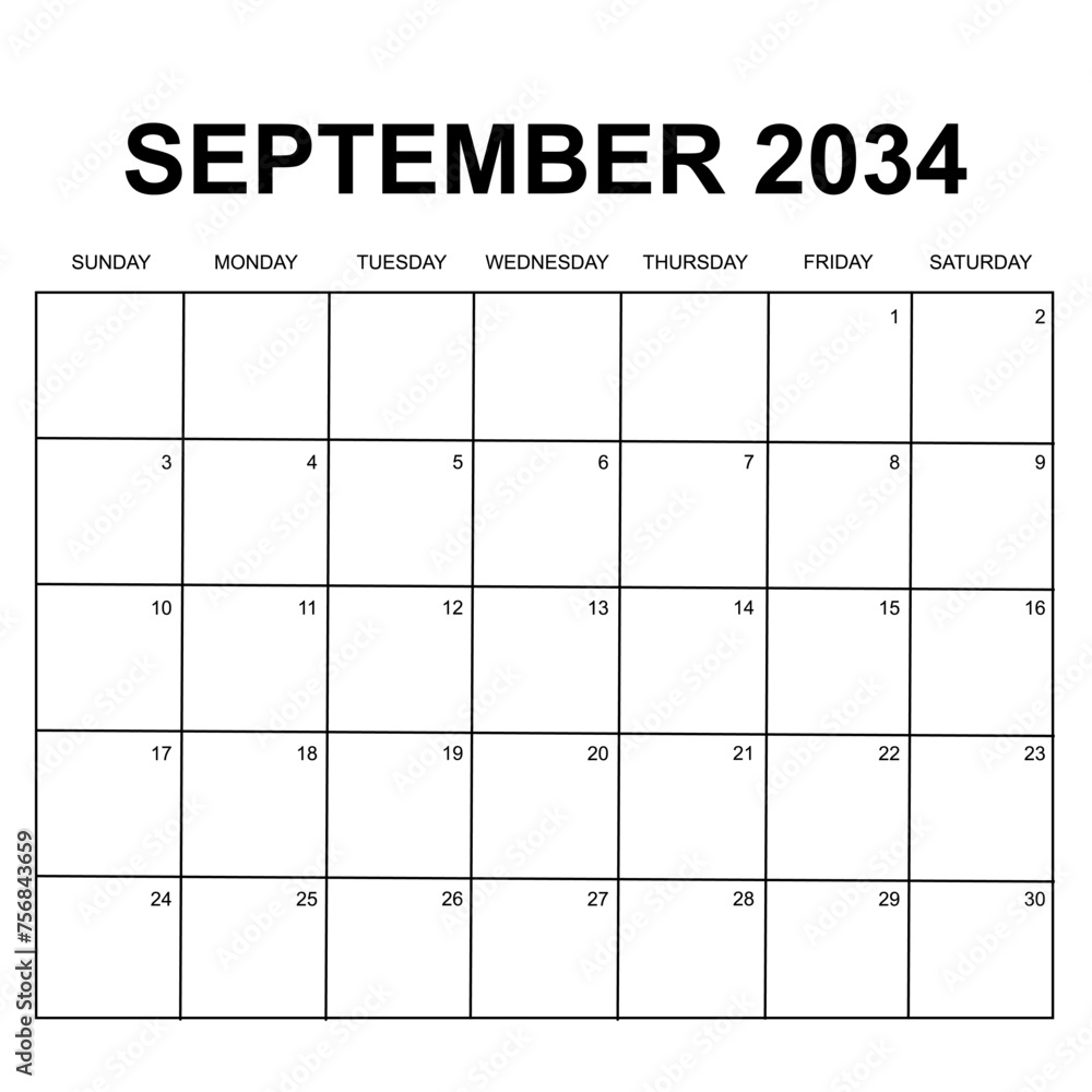 september 2034. monthly calendar vector design. week starts on Sunday. printable, simple, and clean design. - obrazy, fototapety, plakaty 