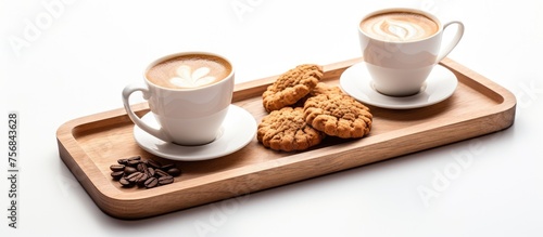 Two cups of coffee and cookies served on a wooden tray, a delightful combination of drinkware and cuisine, perfect for a cozy snack time