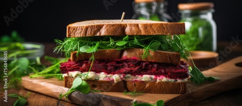 A closeup image showcasing a sandwich on a wooden cutting board, surrounded by a picturesque landscape with lush grass and terrestrial plants