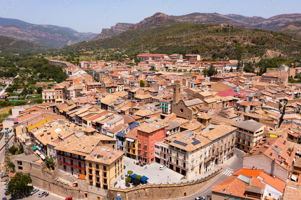 Bird's eye view of La Pobla de Segur, town in comarca of Pallars Jussa, province of Lleida, Catalonia, Spain.