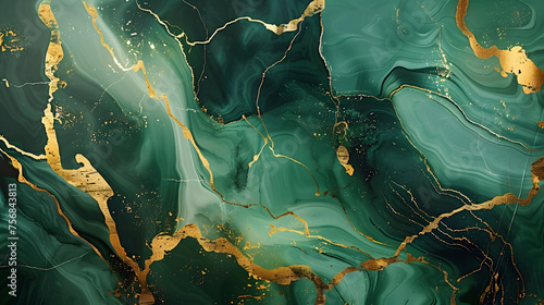 Green marble with gold veins. Natural pattern. Abstract 3D illustration of marble surface for backgrounds, wallpapers, photo wallpapers, murals, posters © Prasanth