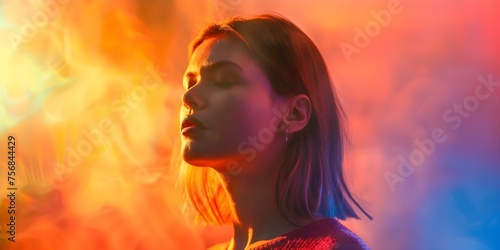 Woman surrounded by vibrant colors, dynamic sound vibes, and abstract light effects. Concept Futuristic Oasis, Vibrant Colors, Dynamic Sound Vibes, Abstract Light Effects, Woman Portrait