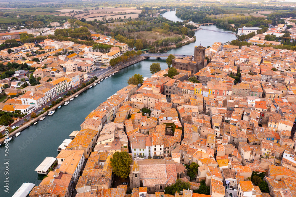 View from drone of houses of Agde, one of oldest towns in France