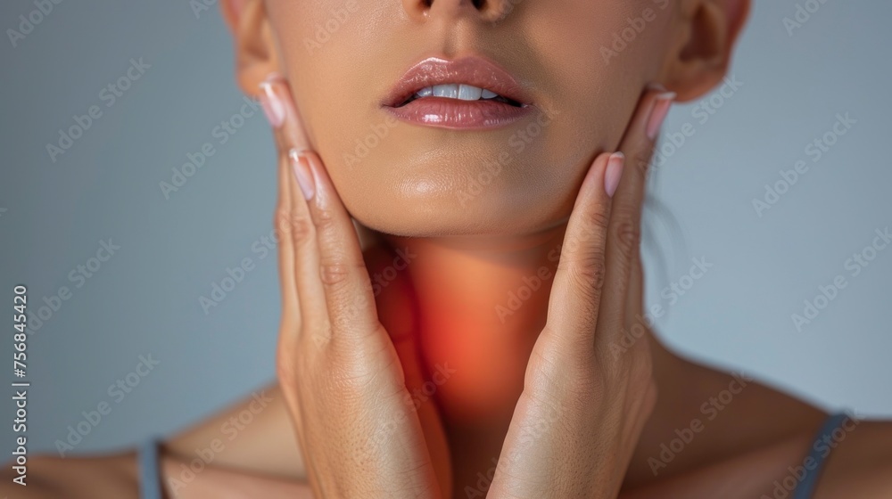 woman with red spot neck pain touching herself on gray background woman with red spot neck pain touching herself on gray background