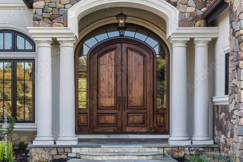 Front Entrance with White Columns and Wooden Front Door of Luxury Home