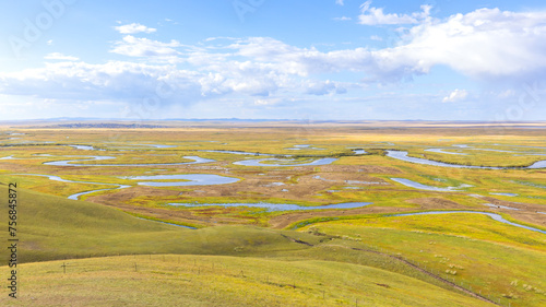 Panoramic view of the autumn riverbed of the Erguna River in the Hulunbuir grassland of China photo