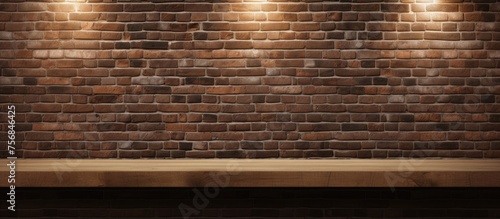 Blank wooden boards with a textured brick wall and lighting. © Vusal
