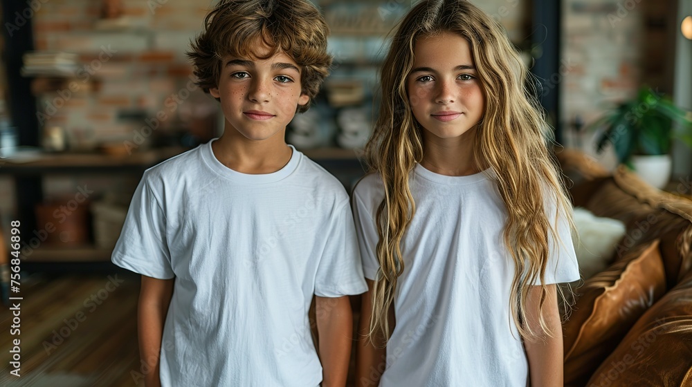 Two young boys couple in blank white t-shirts standing near grunge wall indoors. Mock up template for t-shirt design print