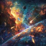 A celestial battle unfolding in the vast expanse of space with NebulaNectar as the backdrop