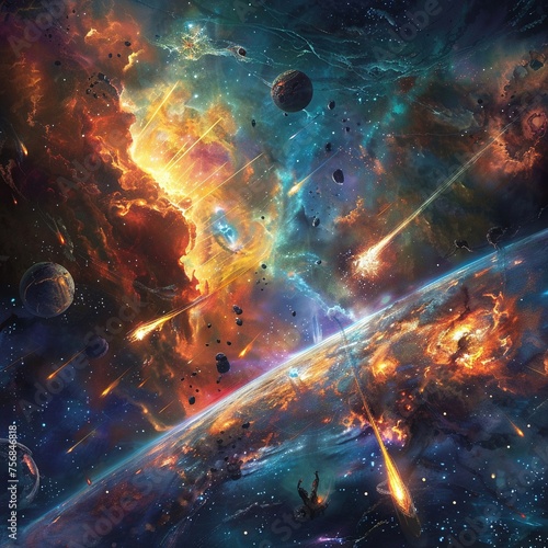 A celestial battle unfolding in the vast expanse of space with NebulaNectar as the backdrop © BOMB8