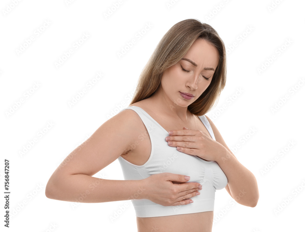 Mammology. Young woman doing breast self-examination on white background Mammology. Young woman doing breast self-examination on white background