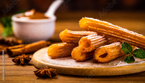 CHURROS AÇUCARADO SERVIDO COM DOCE TRÊS LETES EM UM CONCEITO DE COZINHA MEXICANA photo