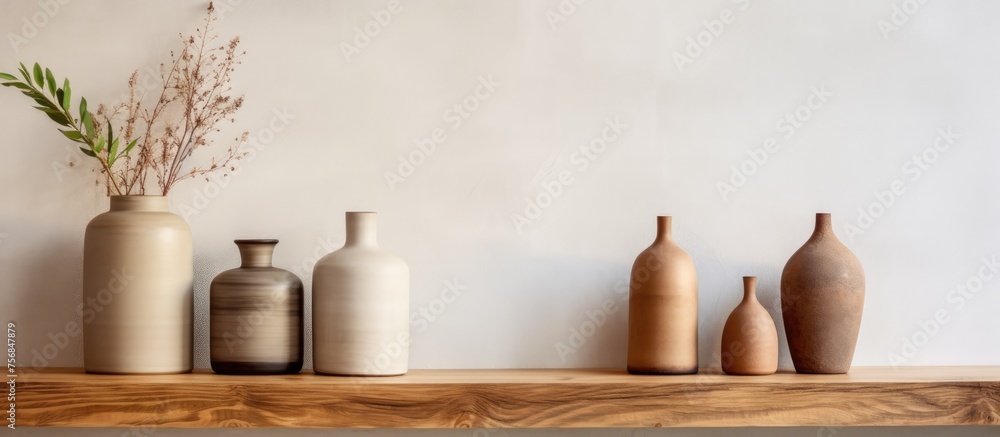A collection of glass bottles in various tints and shades are elegantly displayed on a hardwood shelf, creating a beautiful contrast between the liquid inside and the wood flooring