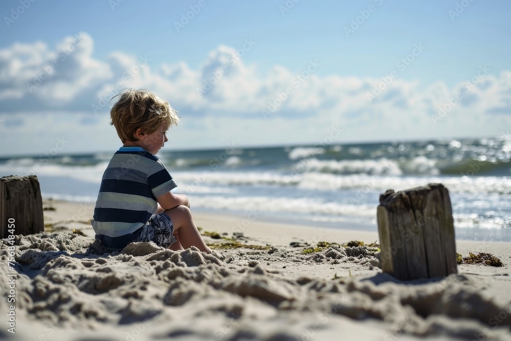 A little kid at the beach playing alone.