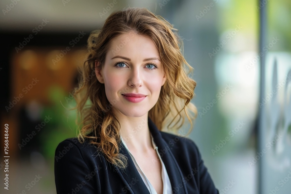 A portrait of a business woman with an office background. A portrait of a business woman with an office background.