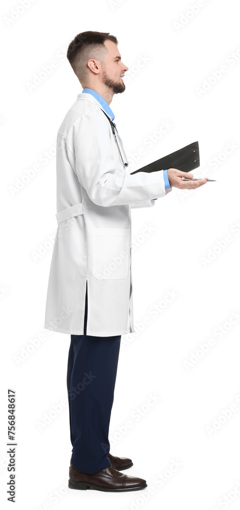 Doctor in coat with clipboard on white background Doctor in coat with clipboard on white background