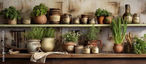 Vintage kitchen storage with herbs and cooking tools