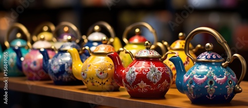 An array of vibrant teapots displayed on a rustic wooden shelf  creating a captivating still life photography composition. Each teapot is a unique fashion accessory in this artful display