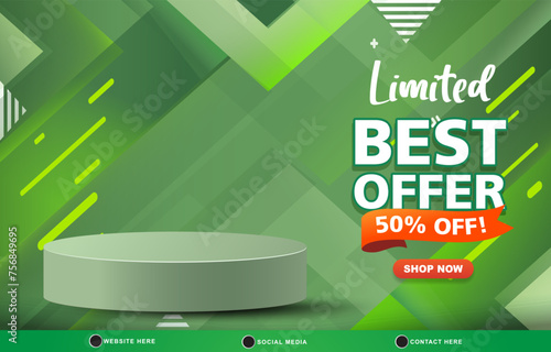 limited best offer sale discount template banner with blank space 3d podium for product sale with abstract gradient green background design