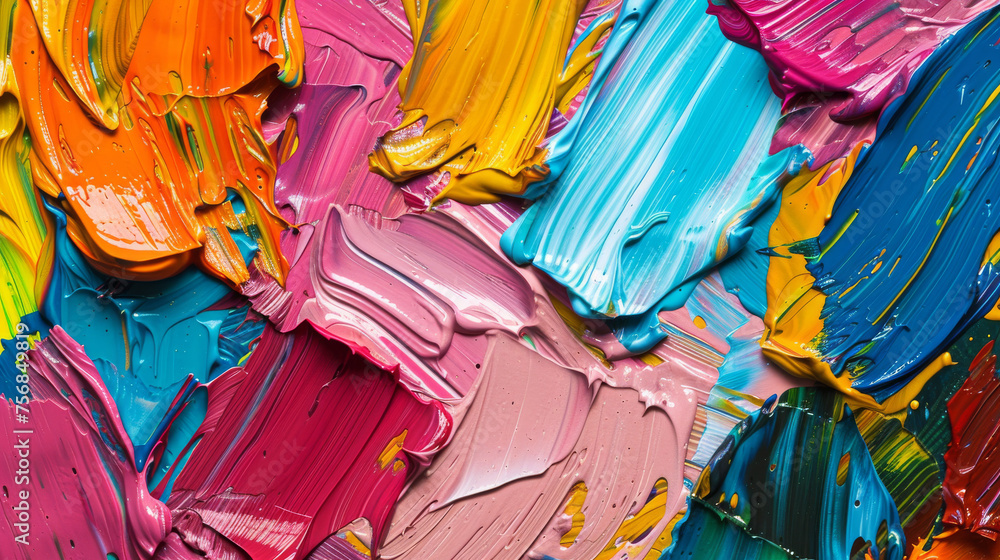 A vibrant close-up of a canvas with bold, textured strokes of contrasting oil paints