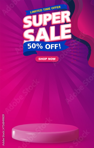 limited super sale discount template banner with blank space 3d podium for product sale with abstract gradient purple and pink background design2