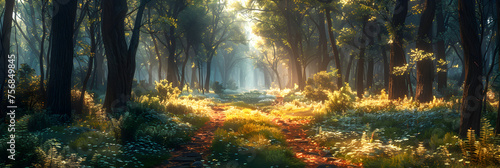 Forest parks 3d image,
A dirt road in a forest with the sun shining through the trees