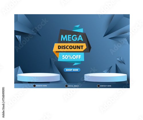 mega discount sale template banner with blank space 3d podium for product sale with abstract gradient blue and white background design