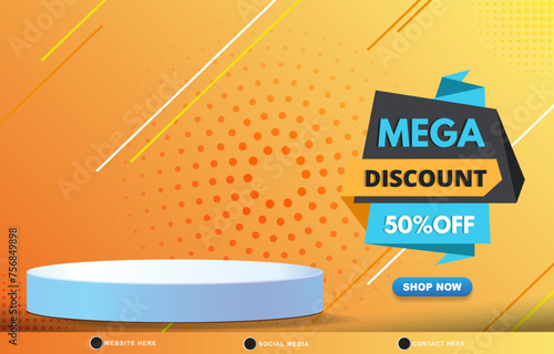 mega discount sale template banner with blank space 3d podium for product sale with abstract gradient orange and yellow background design