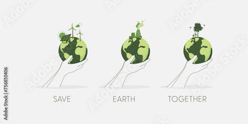 Set of Hands holding a green globe, earth. Earth Day, World Environment Day concept. Sustainable ecology and environment conservation concept design. Vector illustration.
