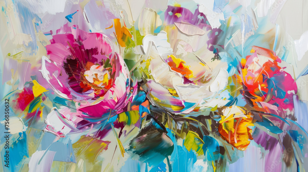 A burst of vivid colors portrays a lively interpretation of flowers, blending impressionism with abstract elements