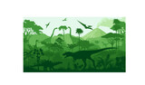 vector tropical forest with Albertosaurus, Kentrosaurus, Stegosaurus, Tyrannosaurus, triceratops, Quetzalcoatlus, Parasaurolophus, Brachiosaurus and pterodactyl