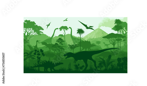 vector tropical forest with Albertosaurus, Kentrosaurus, Stegosaurus, Tyrannosaurus, triceratops, Quetzalcoatlus,  Parasaurolophus,  Brachiosaurus and pterodactyl