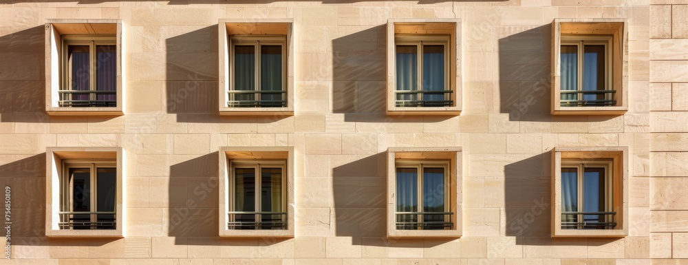 Geometric shadows on a Parisian art deco facade, blending history with modernity, copy space