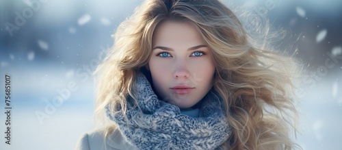 A woman with long hair and layered hair is standing in the snow, wearing a scarf around her neck and fur to keep warm. Her eyelashes dusted with snow as she smiles under electric blue clouds