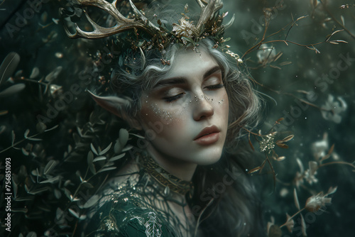 Magic forest nymph or fairy with big horns on her head. Beautiful and mysterious spirit. Fantasy creature. Fairy tail character. Fabulous mythical creature symbolizing Earth