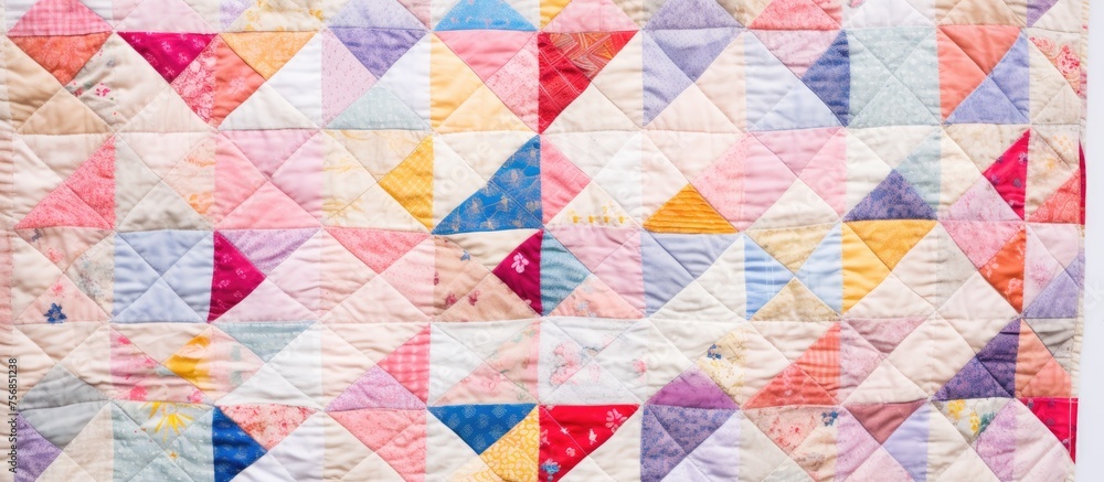 A closeup of a vibrant quilt showcasing an intricate pattern of colorful triangles, highlighting the symmetry and creative arts involved in crafting this beautiful piece of art A closeup of a vibrant quilt showcasing an intricate pattern of colorful triangles, highlighting the symmetry and creative arts involved in crafting this beautiful piece of art