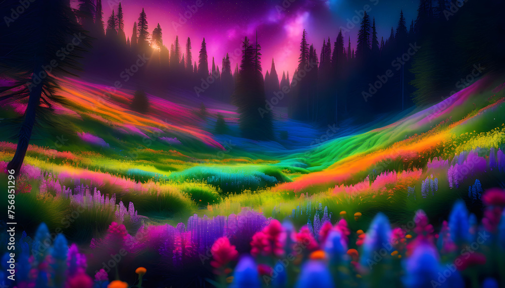 A field of colorful glowing flowers in the dark background