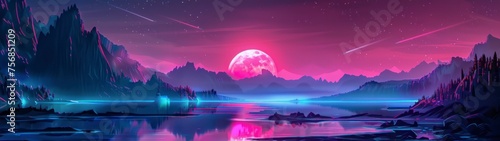 beautiful moon with retro neon style mountains with a big lake