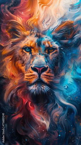 Enthralling depiction of a lion face blending into an abstract  cosmic-like swirl of colors and patterns