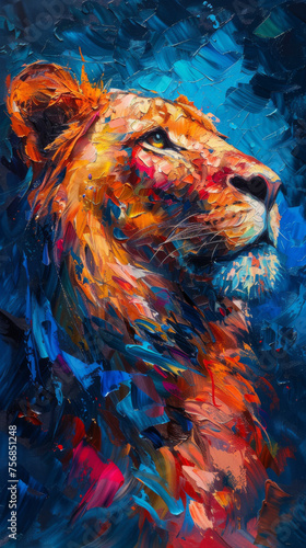 An abstract portrait of a lioness composed with bold palette knife strokes and a harmonious color scheme, symbolizing regal beauty